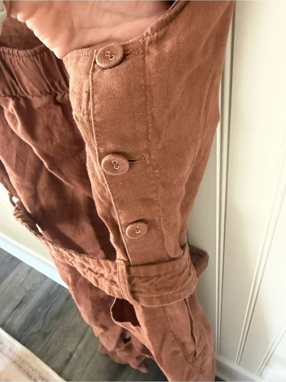 Everlane Linen Jumpsuit in Rust Brown with Tie Waist